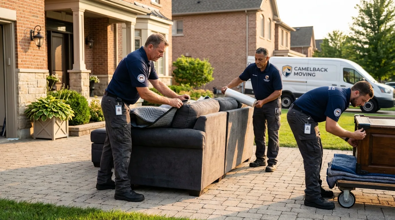 Large estate moving crew wrapping furniture in Palm Beach Gardens, FL