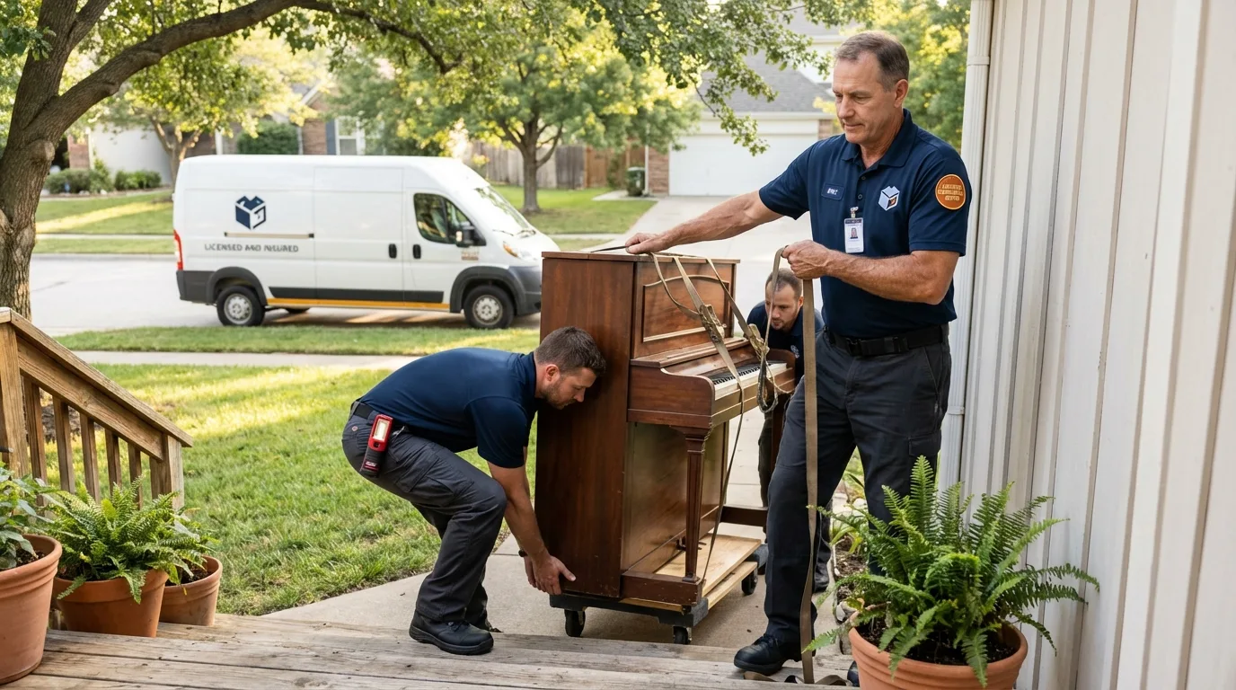 Licensed piano movers securing grand piano in Palm Beach Gardens, FL