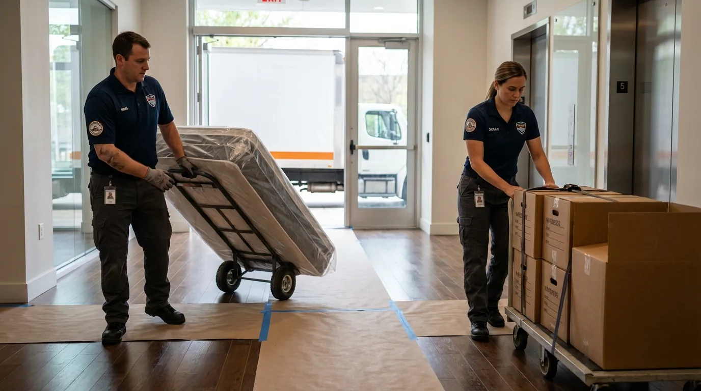 Professional apartment movers loading elevator in Palm Beach Gardens, FL