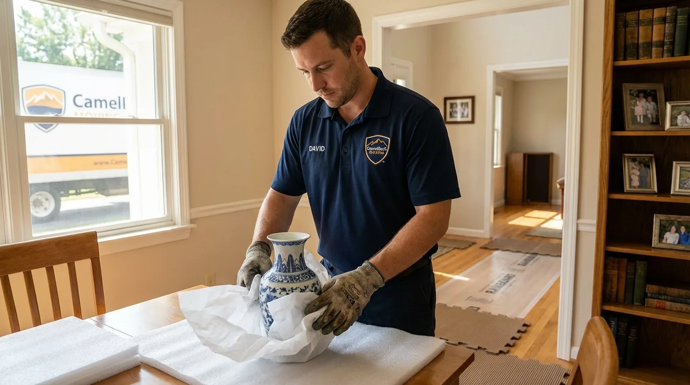 Professional crew carefully wrapping antique vase for senior downsizing move in Palm Beach Gardens, FL